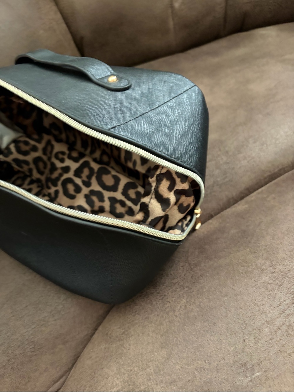 Chico's Black Cosmetic Case with Leopard-Print Interior